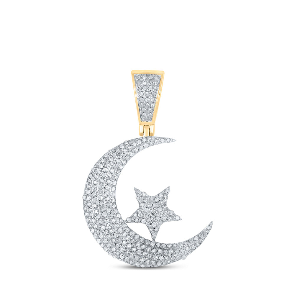 10K Yellow Gold Mens Round Diamond Crescent Moon Star Charm Pendant 5/8 Cttw