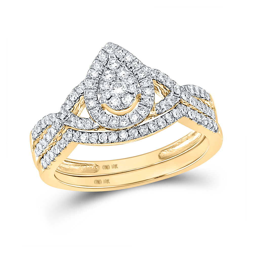 10K Yellow Gold Round Diamond Teardrop Bridal Wedding Ring Band Set 1/2 Cttw, Womens Size: 5-10