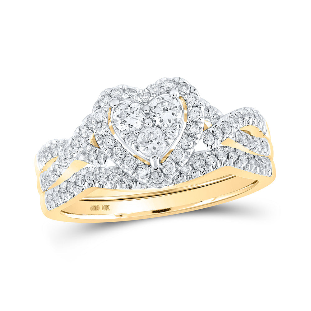 10K White Or Yellow Gold Round Diamond Heart Bridal Wedding Ring Band Set , Womens Size: 5-10