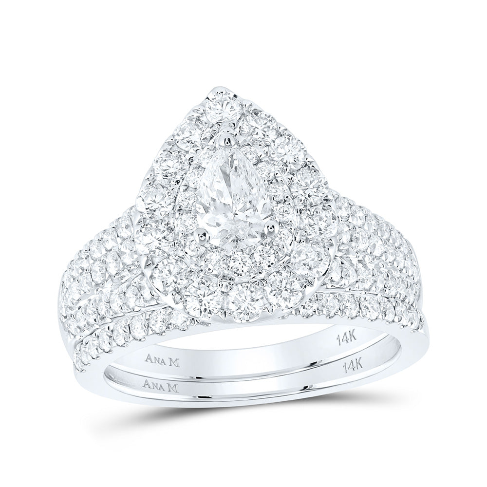 14K White Gold Pear Diamond Halo Bridal Wedding Ring Band Set 2 Cttw, Womens Size: 5-10