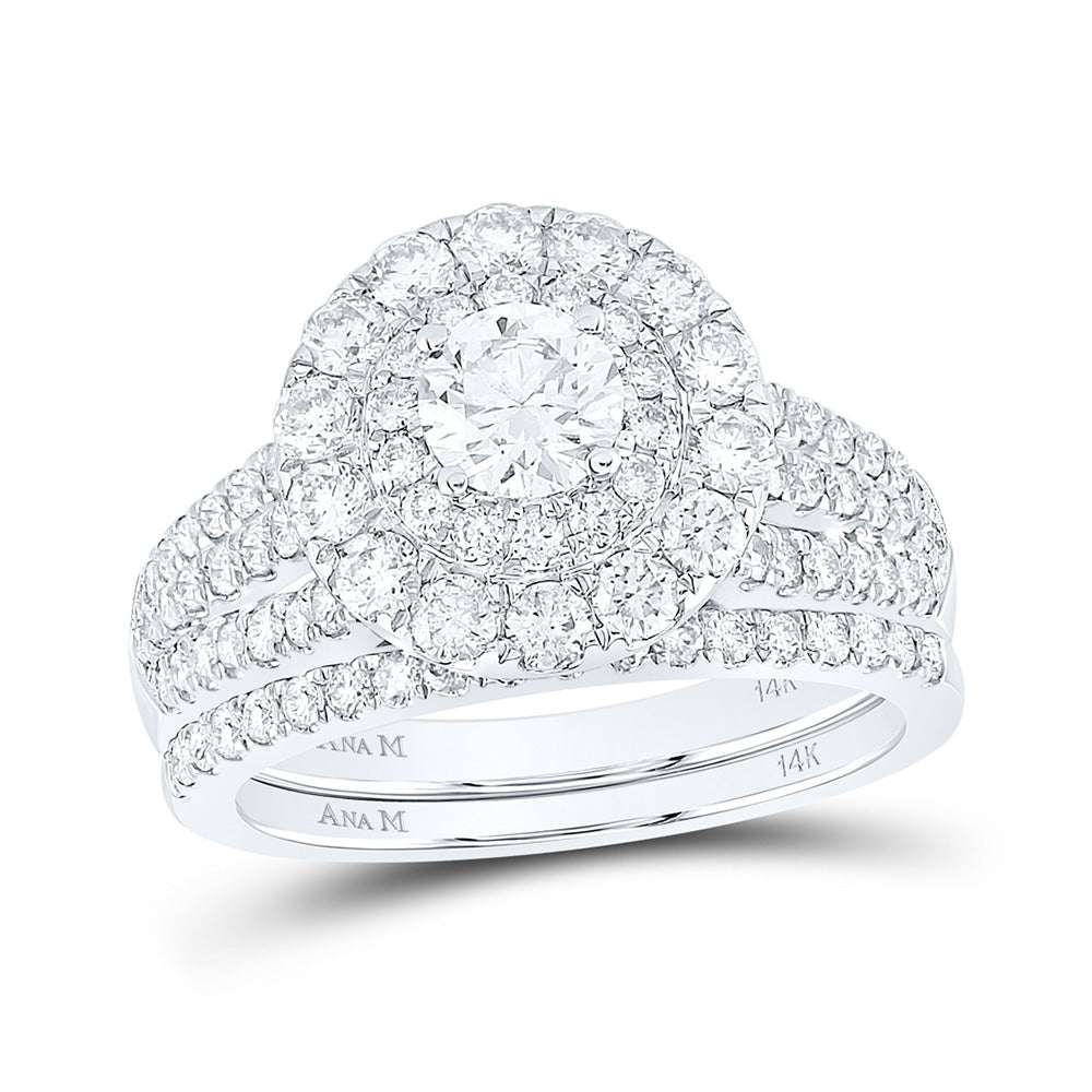 14K White Gold Round Diamond Halo Bridal Wedding Ring Band Set 2 Cttw, Womens Size: 5-10