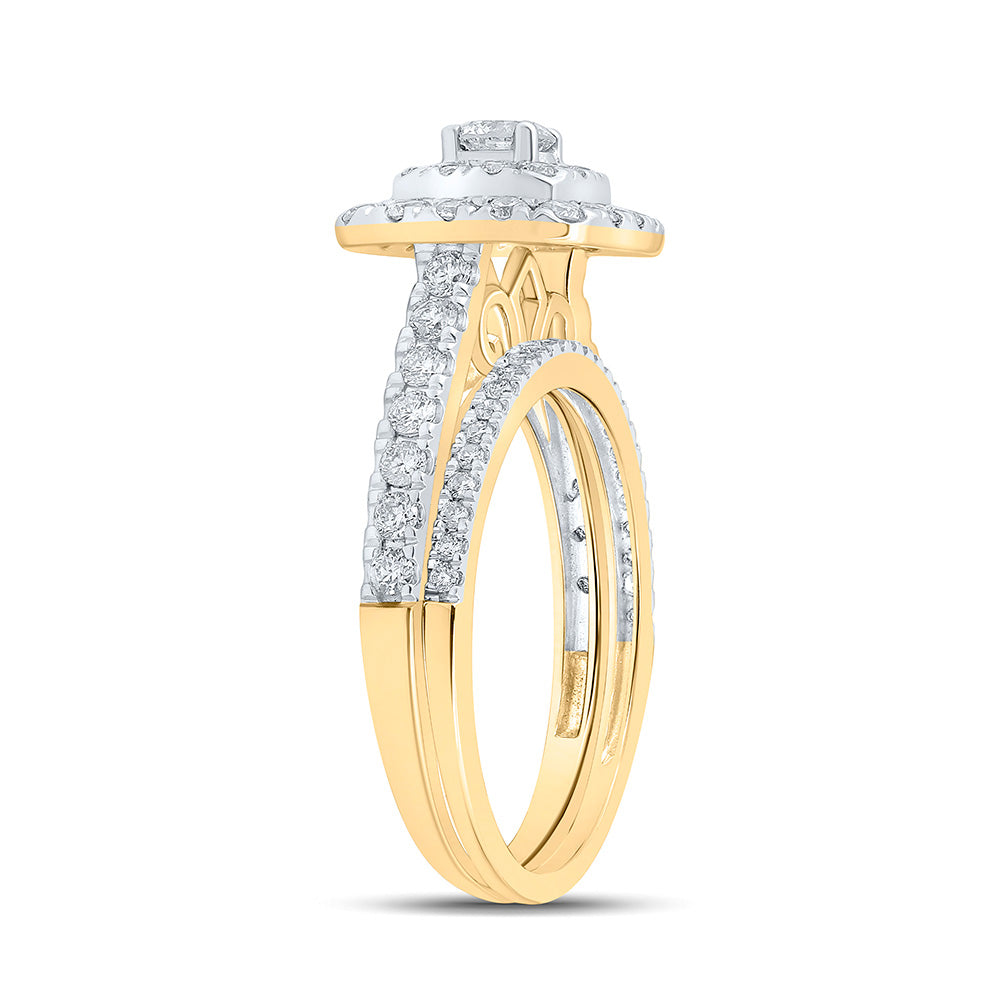14K Yellow Gold Round Diamond Halo Bridal Wedding Ring Band Set 1 Cttw, Womens Size: 5-10