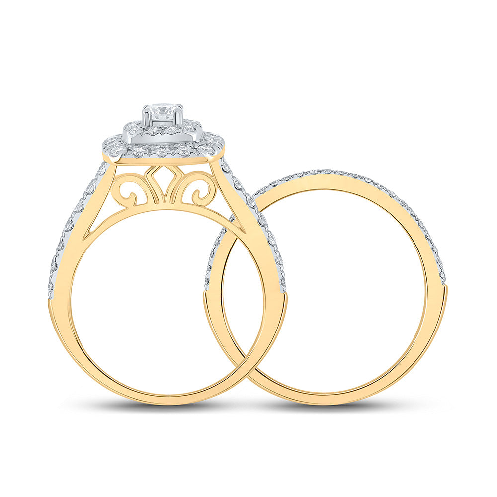 14K Yellow Gold Round Diamond Halo Bridal Wedding Ring Band Set 1 Cttw, Womens Size: 5-10