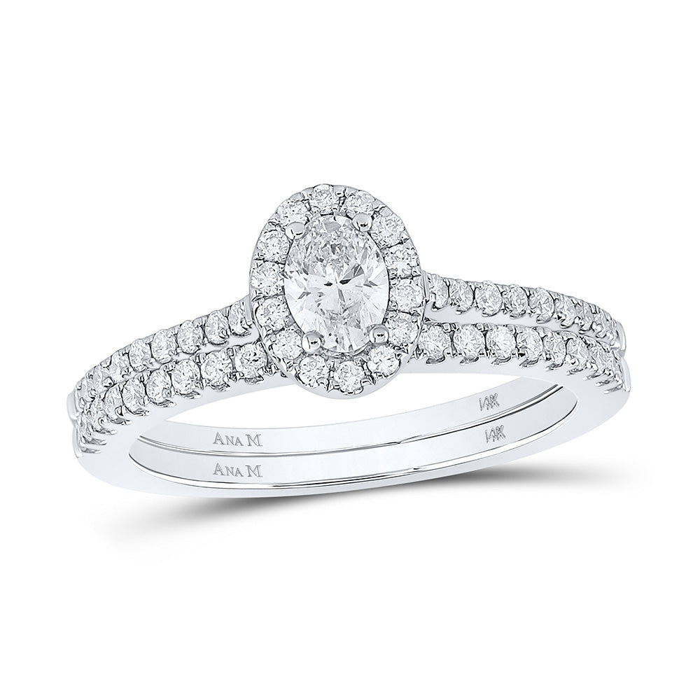 14K White Gold Oval Diamond Oval Halo Bridal Wedding Ring Band Set 7/8 Cttw, Womens Size: 5-10