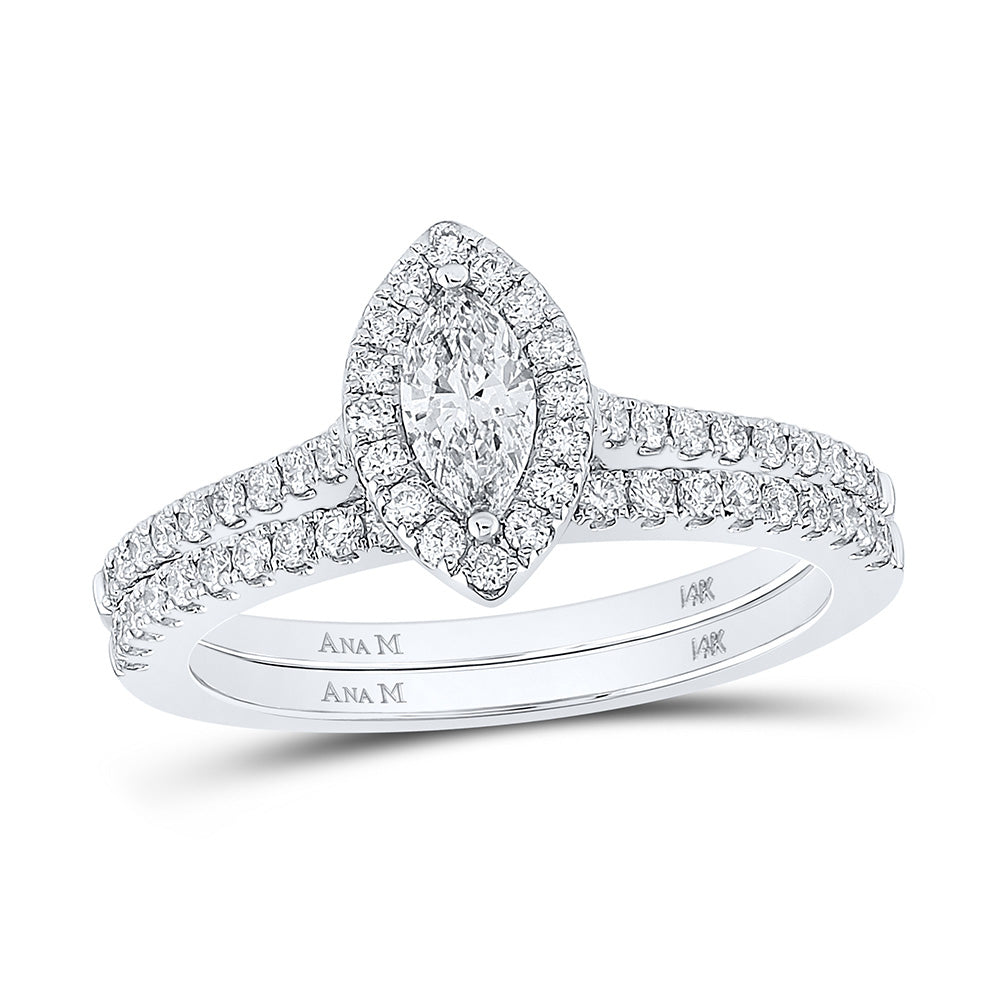 14K White Gold Marquise Diamond Halo Bridal Wedding Ring Band Set 7/8 Cttw, Womens Size: 5-10
