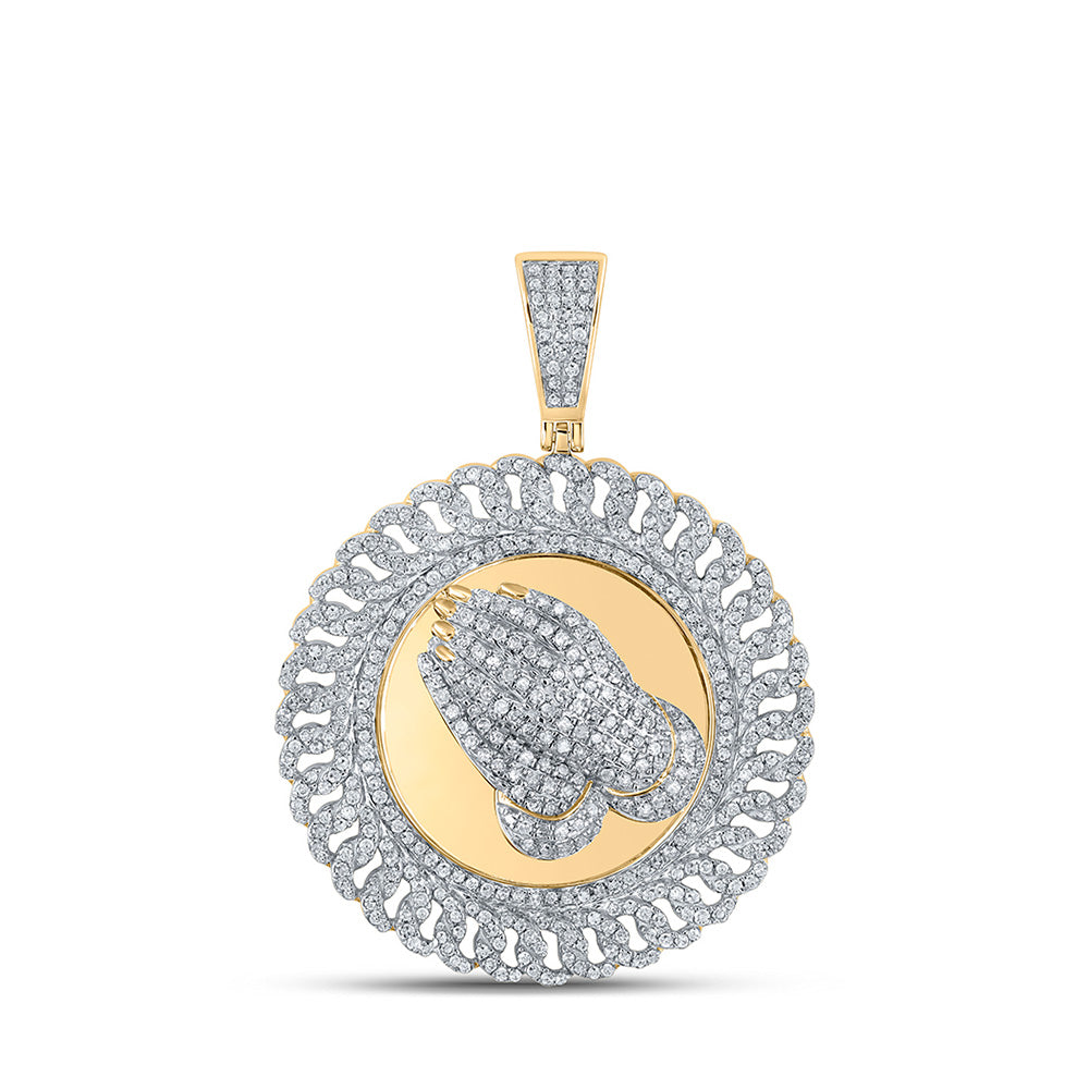 10K Yellow Gold Mens Round Diamond Prayer Hands Circle Charm Pendant 1-1/3 Cttw, Length: 1.69 In, Width: 1.26 In