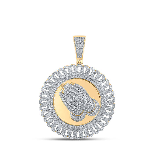 10K Yellow Gold Mens Round Diamond Prayer Hands Circle Charm Pendant 1-1/3 Cttw, Length: 1.69 In, Width: 1.26 In