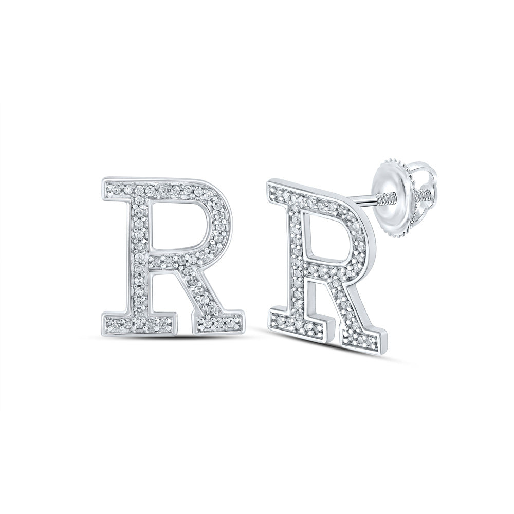 10K Yellow Or White Or Rose Gold Womens Round Diamond R Initial Letter Earrings