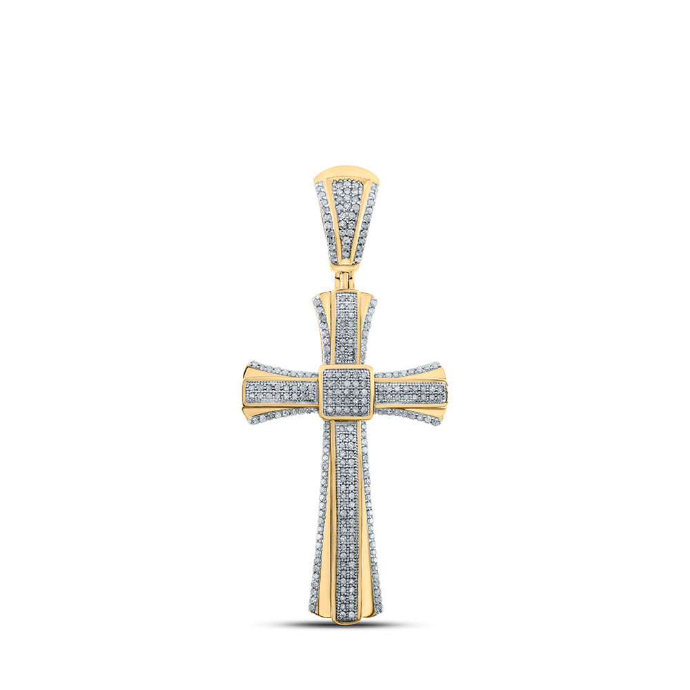 10K Yellow Gold Mens Round Diamond Cross Charm Pendant 3/4 Cttw