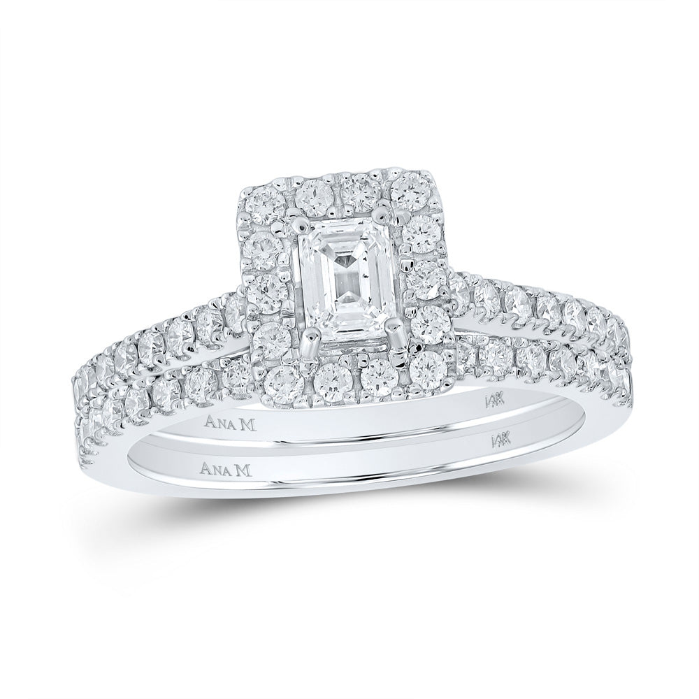 14K White Gold Emerald Diamond Halo Bridal Wedding Ring Band Set 1 Cttw, Womens Size: 5-10