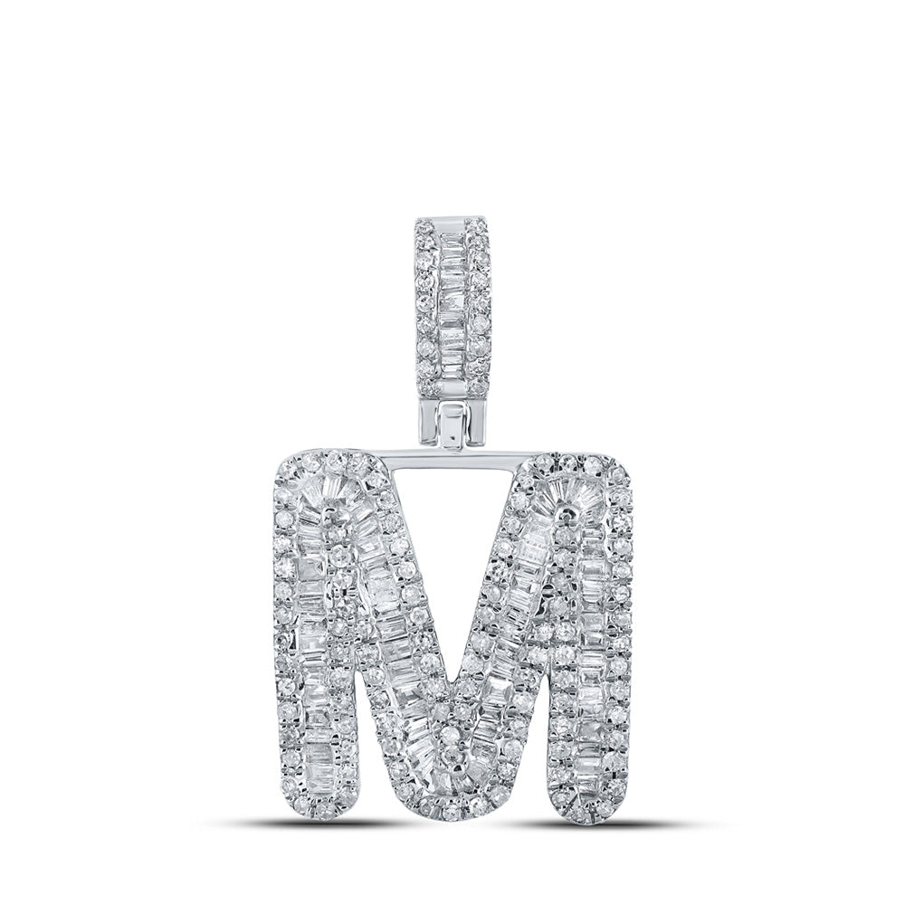 10K White Or Yellow Gold Mens Baguette Diamond M Initial Letter Pendant