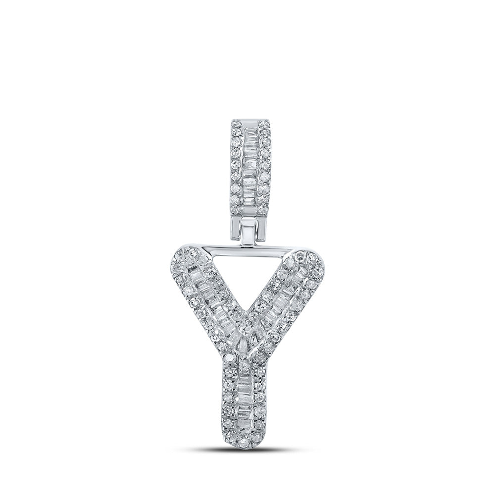 10K White Gold Mens Baguette Diamond Y Initial Letter Pendant 1/3 Cttw, Length: 1.01 In, Width: 0.55 In