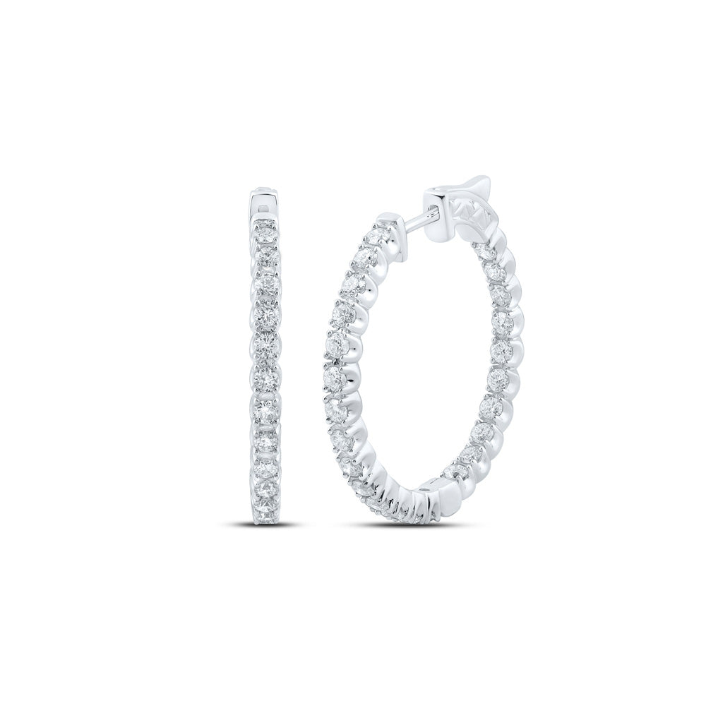 14K White Gold Womens Round Diamond Inside Outside Hoop Earrings 2 Cttw
