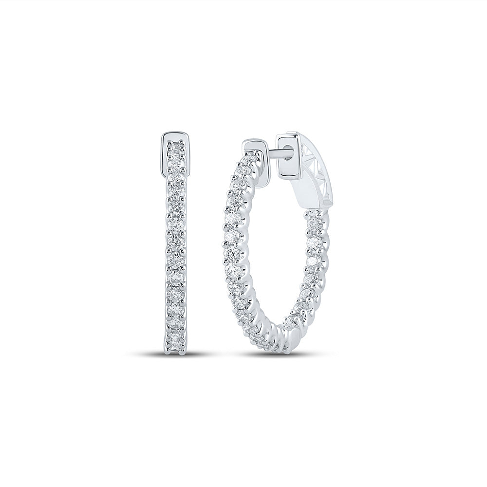 14K White Gold Womens Round Diamond In Out Hoop Earrings 1 Cttw