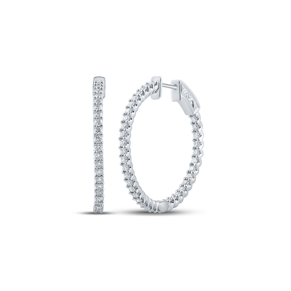 14K White Gold Womens Round Diamond In Out Hoop Earrings 1-1/2 Cttw