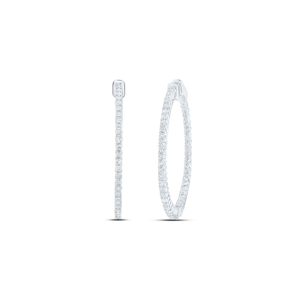 14K White Gold Womens Round Diamond Slender In Out Hoop Earrings 2 Cttw