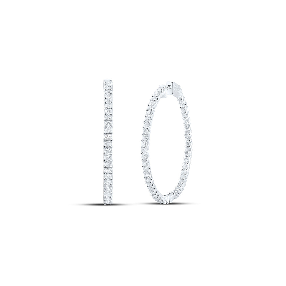 14K White Gold Womens Round Diamond Inside Outside Hoop Earrings 3-7/8 Cttw
