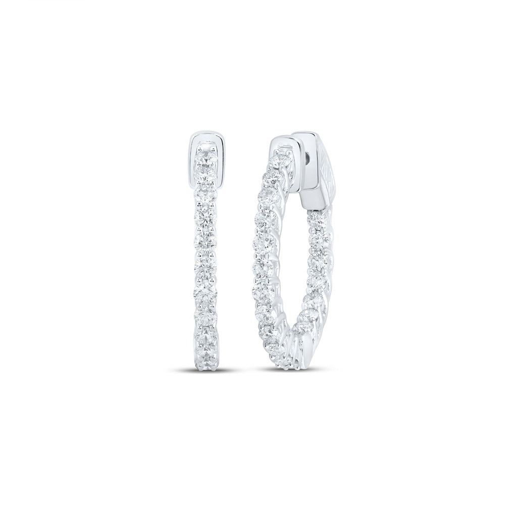 14K White Gold Womens Round Diamond In Out Hoop Earrings 2 Cttw