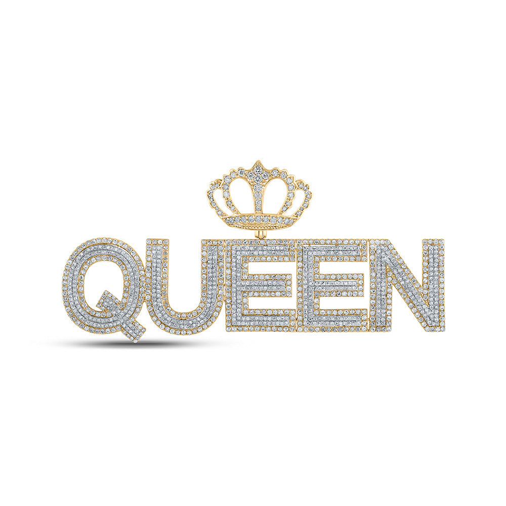 10K Two-tone Gold Mens Round Diamond QUEEN Crown Phrase Charm Pendant 5 Cttw