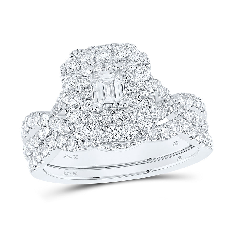 14K White Gold Emerald Diamond Halo Bridal Wedding Ring Band Set 1-1/2 Cttw, Womens Size: 5-10