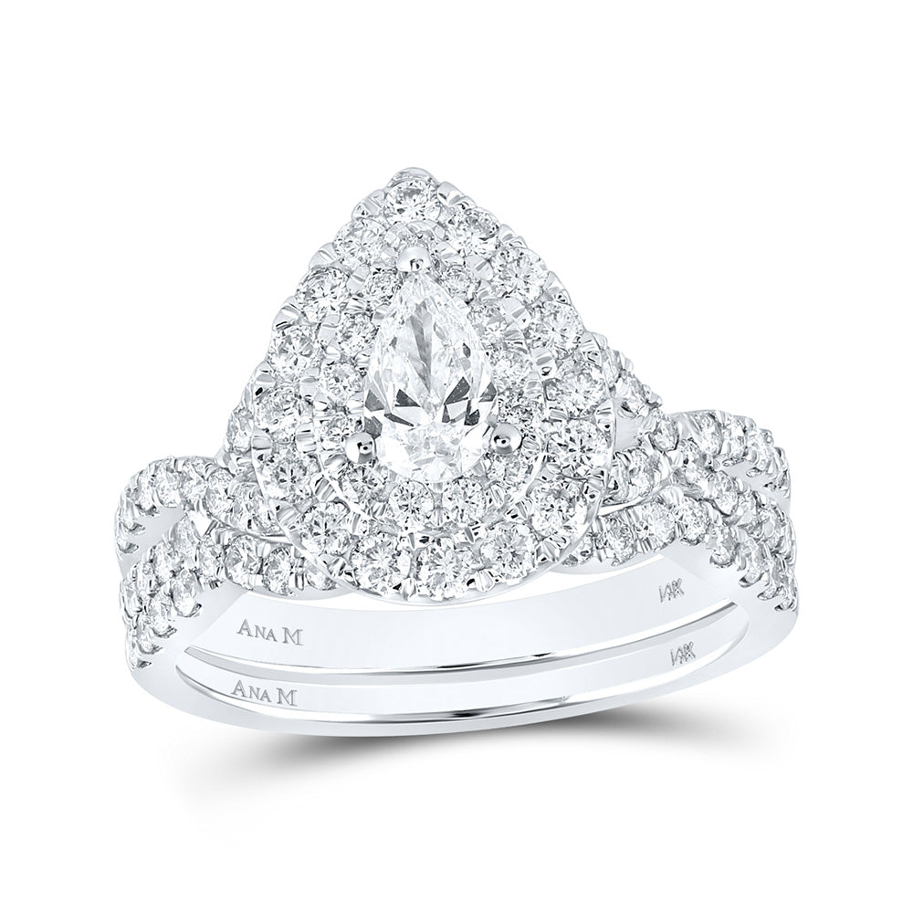 14K White Gold Pear Diamond Halo Bridal Wedding Ring Band Set 1-1/2 Cttw, Womens Size: 5-10