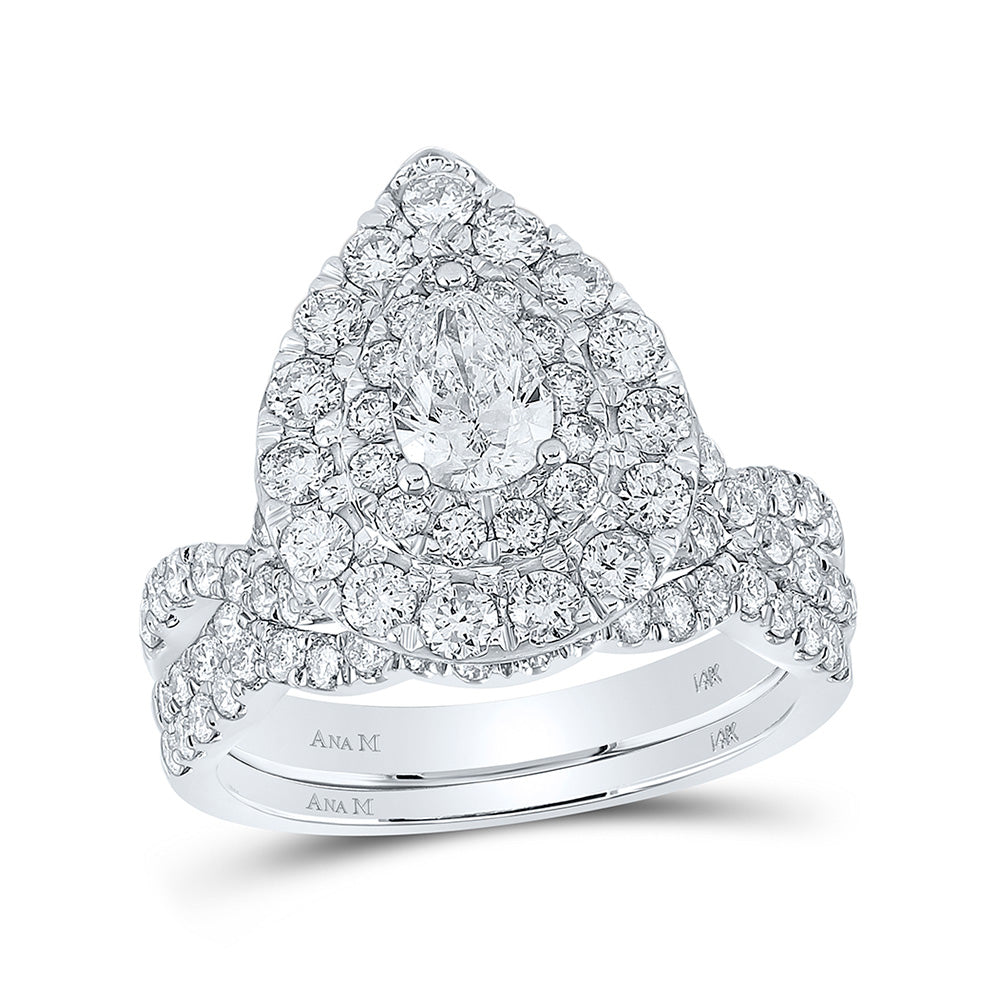 14K White Gold Pear Diamond Halo Bridal Wedding Ring Band Set 2 Cttw, Womens Size: 5-10