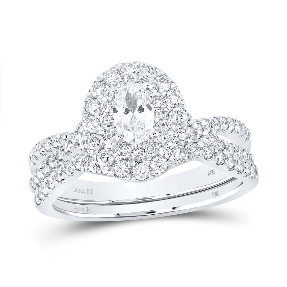 14K White Gold Oval Diamond Halo Bridal Wedding Ring Band Set 1 Cttw, Womens Size: 5-10