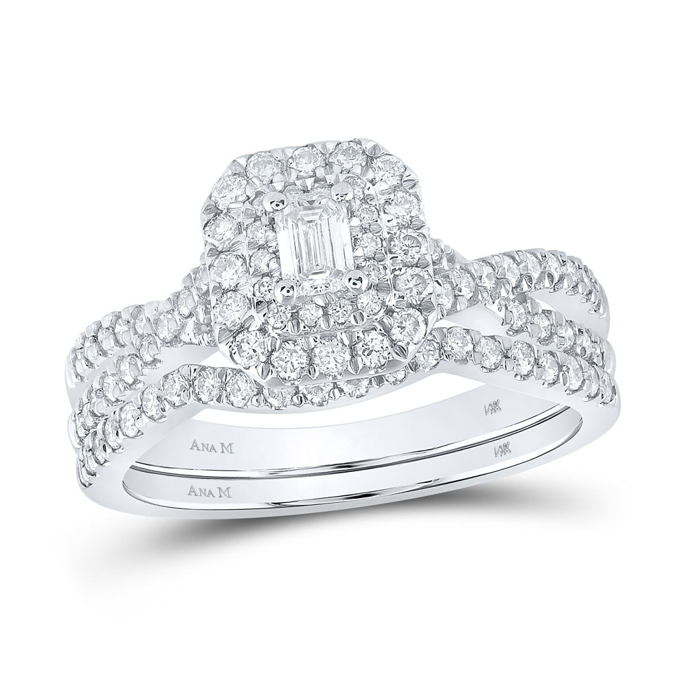 14K White Gold Emerald Diamond Halo Bridal Wedding Ring Band Set 1 Cttw, Womens Size: 5-10
