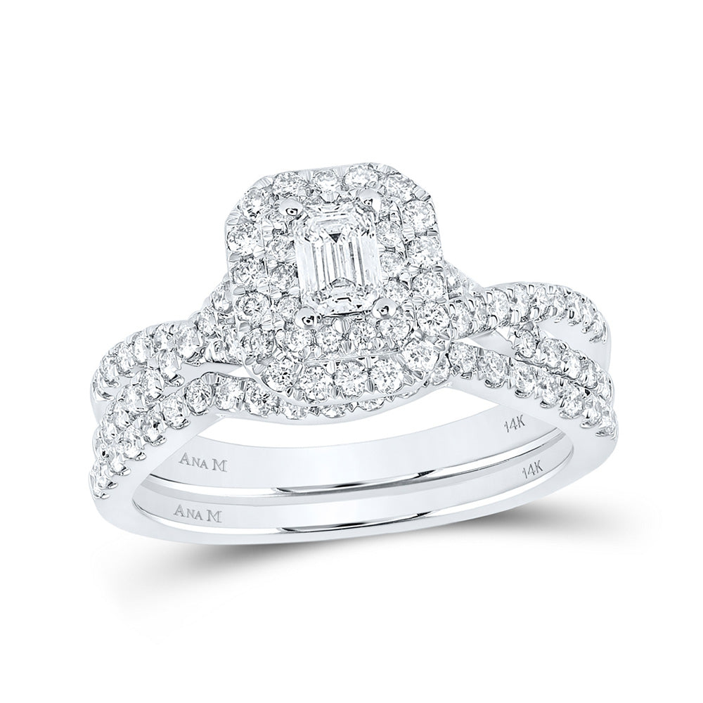 14K White Gold Emerald Diamond Halo Bridal Wedding Ring Band Set 1 Cttw, Womens Size: 5-10