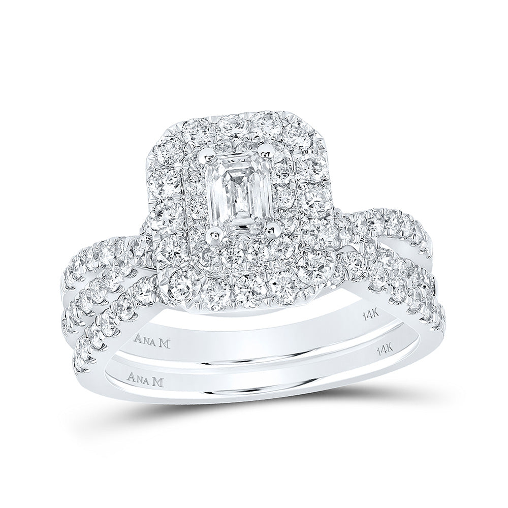 14K White Gold Emerald Diamond Halo Bridal Wedding Ring Band Set 1-1/2 Cttw, Womens Size: 5-10