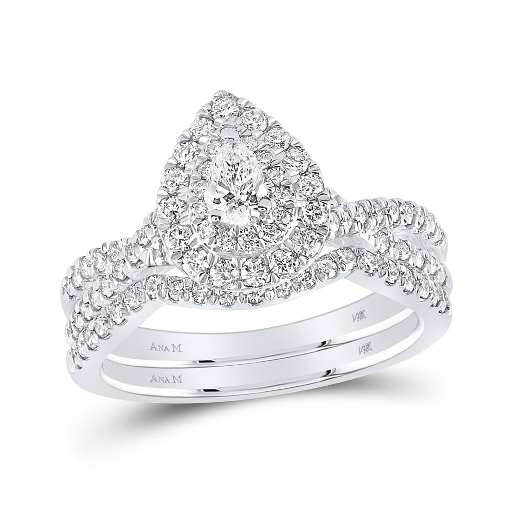 14K White Gold Pear Diamond Halo Bridal Wedding Ring Band Set 1 Cttw, Womens Size: 5-10