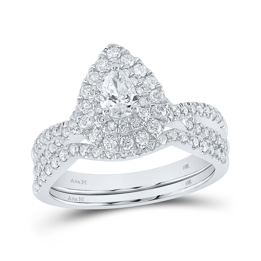14K White Gold Pear Diamond Halo Bridal Wedding Ring Band Set 1 Cttw, Womens Size: 5-10