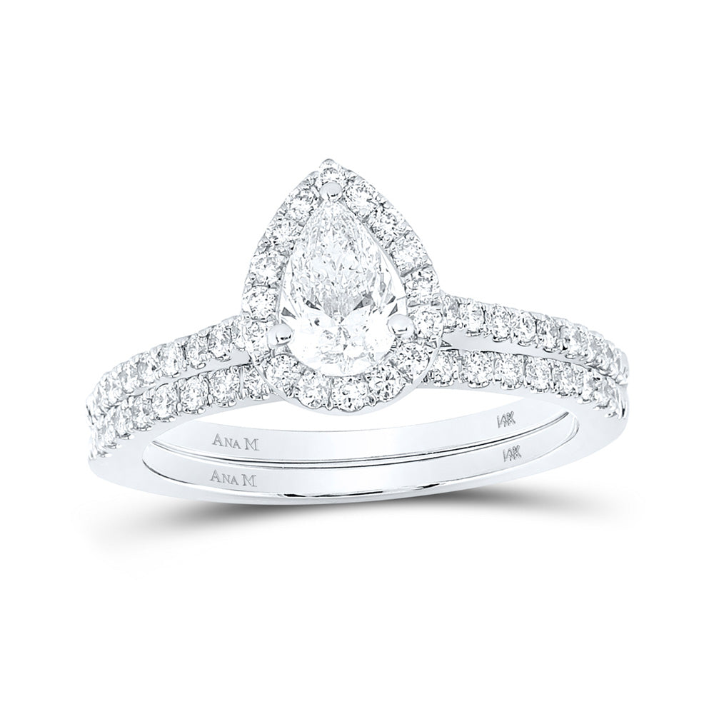 14K White Gold Pear Diamond Halo Bridal Wedding Ring Band Set 1 Cttw, Womens Size: 5-10