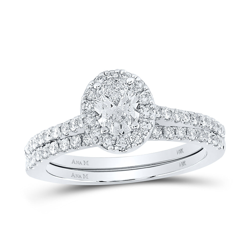 14K White Gold Oval Diamond Halo Bridal Wedding Ring Band Set 1 Cttw, Womens Size: 5-10