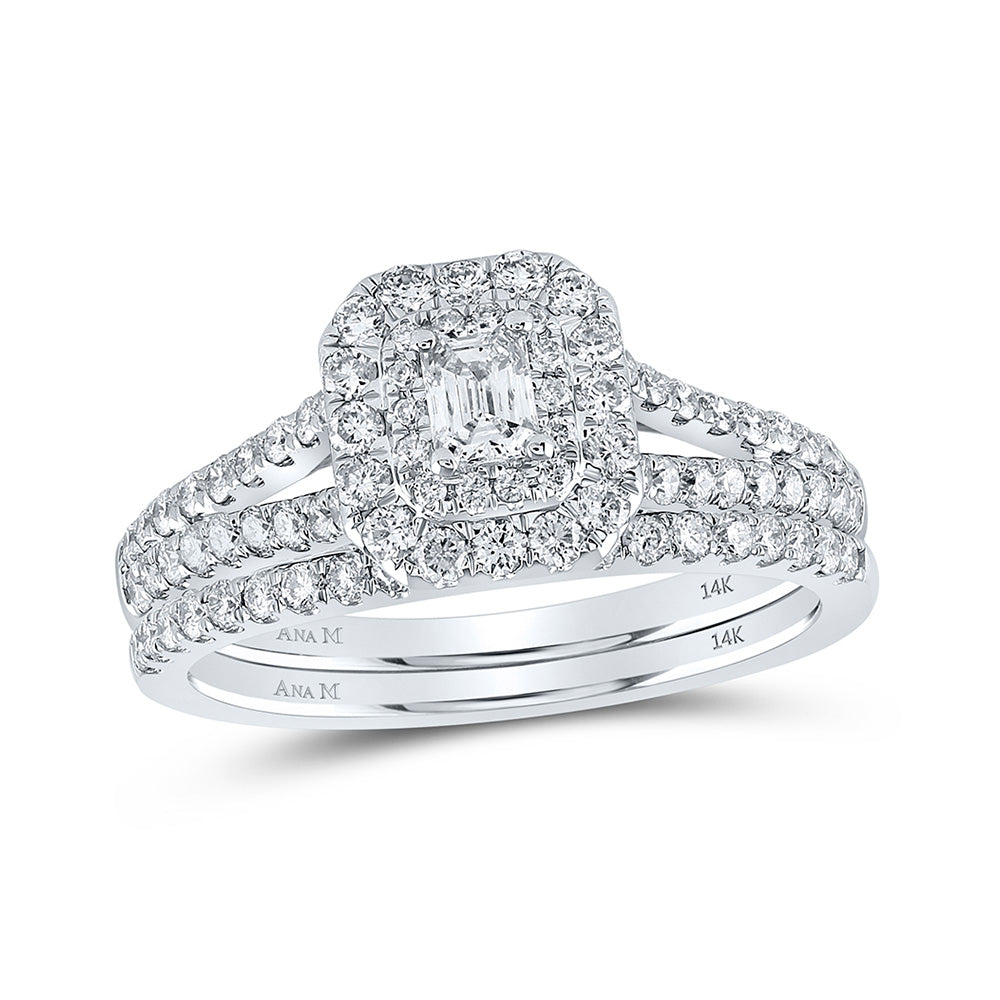 14K White Gold Emerald Diamond Halo Bridal Wedding Ring Band Set 1 Cttw, Womens Size: 5-10