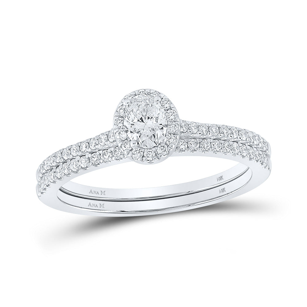 14K White Gold Oval Diamond Halo Bridal Wedding Ring Band Set 5/8 Cttw, Womens Size: 5-10