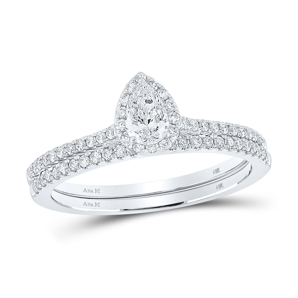 14K White Gold Pear Diamond Halo Bridal Wedding Ring Band Set 5/8 Cttw, Womens Size: 5-10