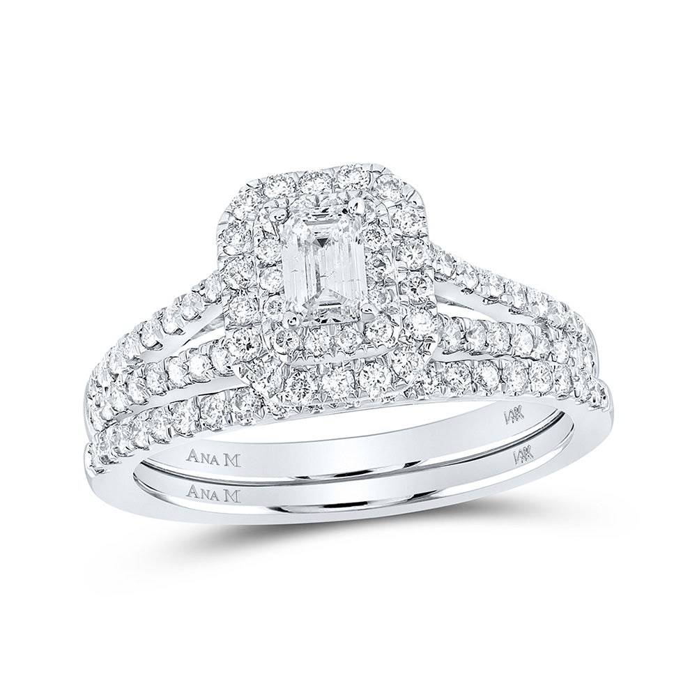 14K White Gold Emerald Diamond Halo Bridal Wedding Ring Band Set 1 Cttw, Womens Size: 5-10