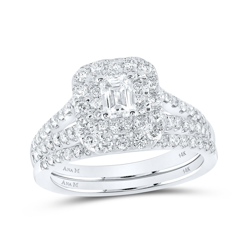 14K White Gold Emerald Diamond Halo Bridal Wedding Ring Band Set 1-1/2 Cttw, Womens Size: 5-10
