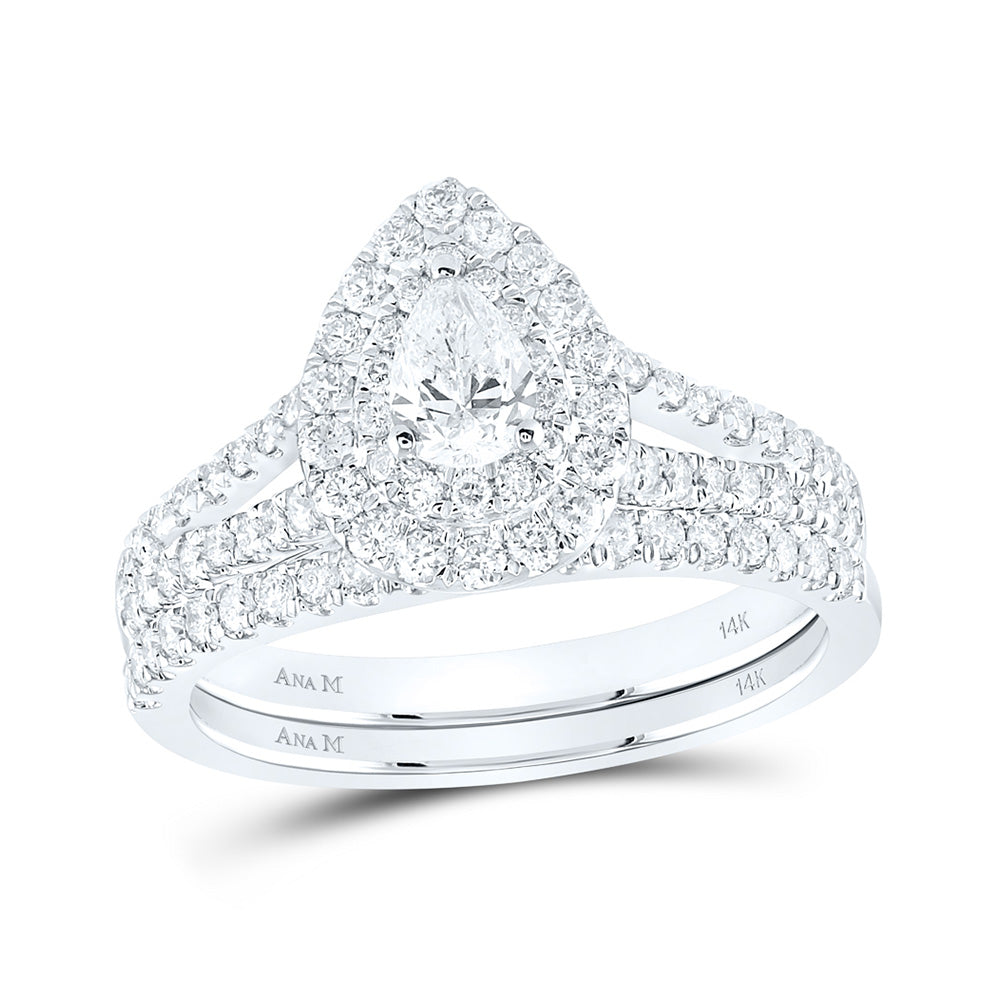 14K White Gold Pear Diamond Halo Bridal Wedding Ring Band Set 1 Cttw, Womens Size: 5-10