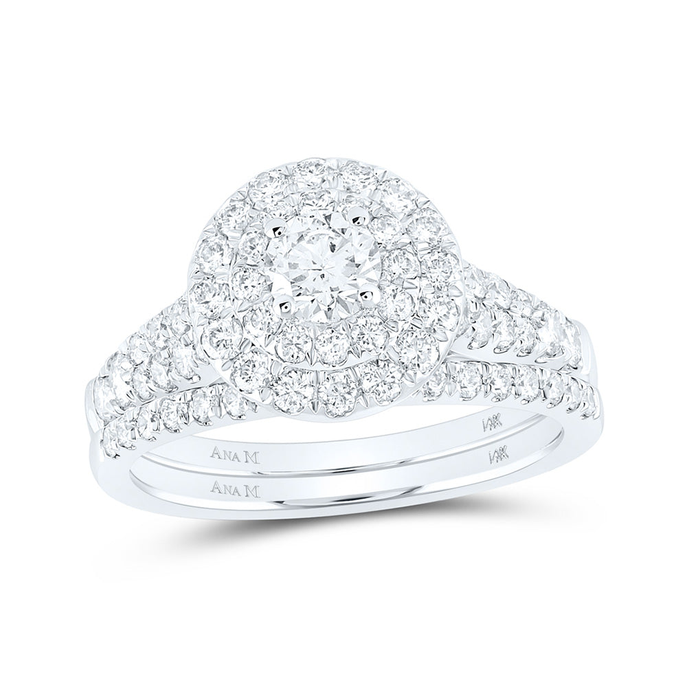 14K White Gold Round Diamond Halo Bridal Wedding Ring Band Set 1-1/2 Cttw, Womens Size: 5-10
