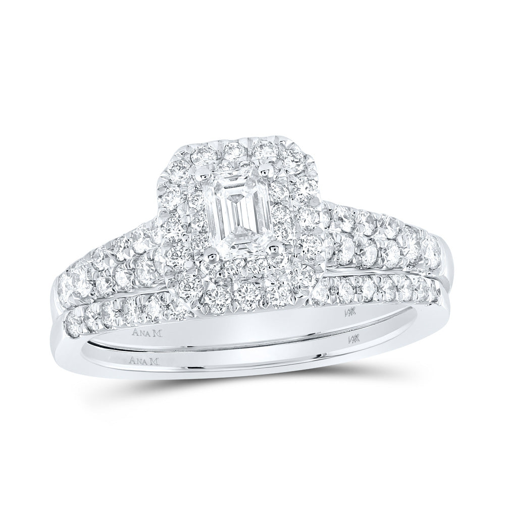 14K White Gold Emerald Diamond Halo Bridal Wedding Ring Band Set 1 Cttw, Womens Size: 5-10