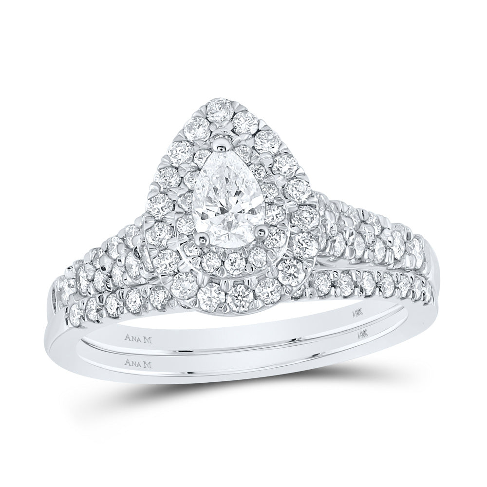 14K White Gold Pear Diamond Halo Bridal Wedding Ring Band Set 1 Cttw, Womens Size: 5-10