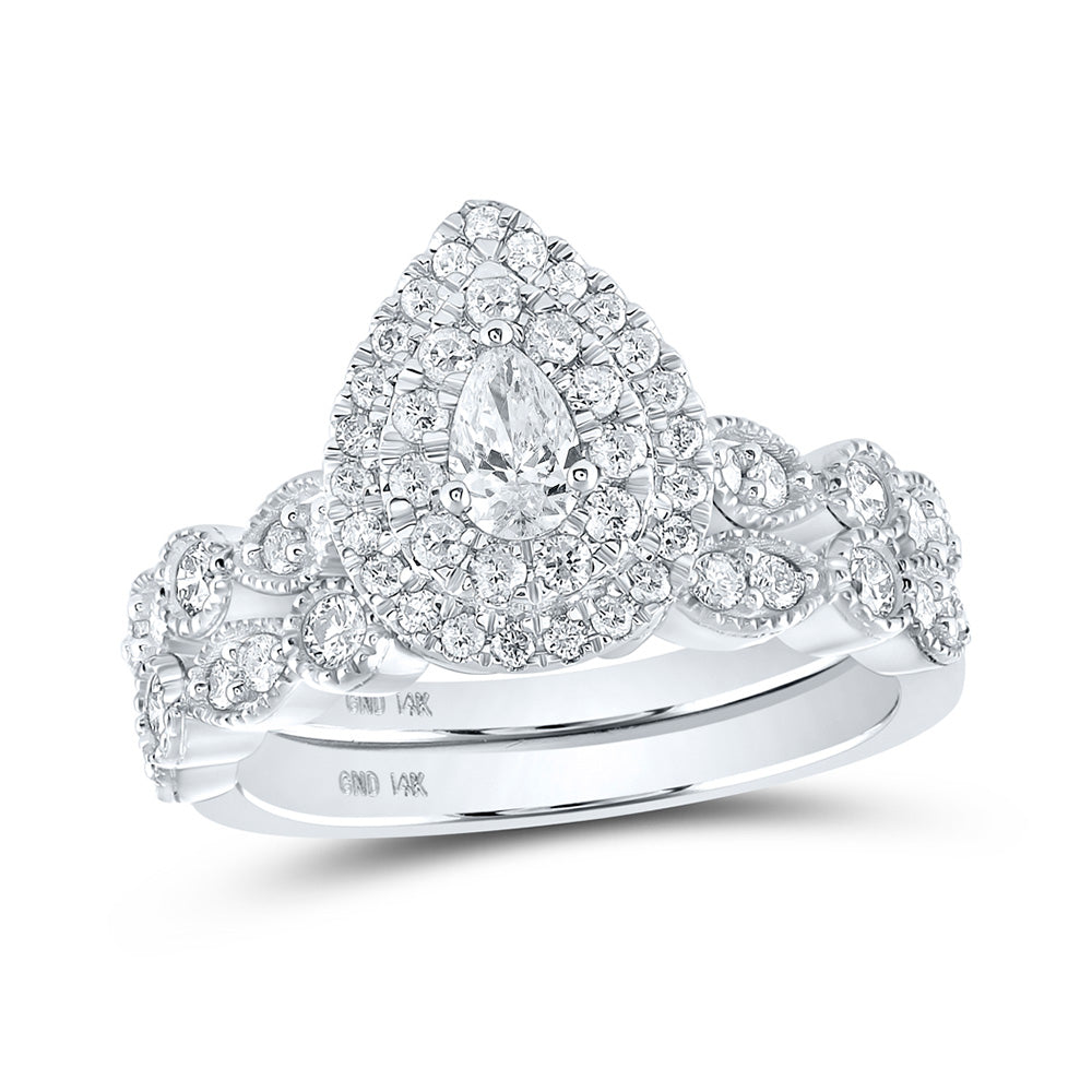14K Yellow Or White Or Rose Gold Pear Diamond Halo Bridal Wedding Ring Band Set , Womens Size: 5-10