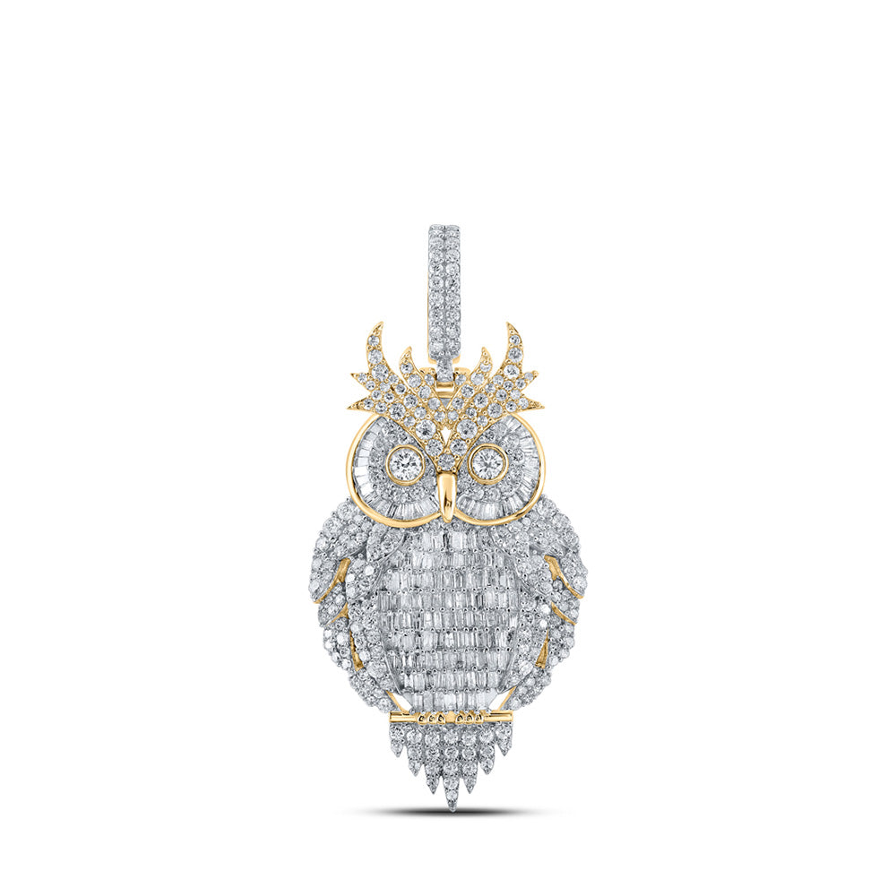 10K Yellow Gold Mens Baguette Diamond Owl Bird Charm Pendant 3-7/8 Cttw