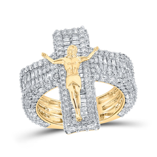 10K Yellow Gold Mens Baguette Diamond Jesus Cross Ring 4-1/2 Cttw, Mens Size: 7-13