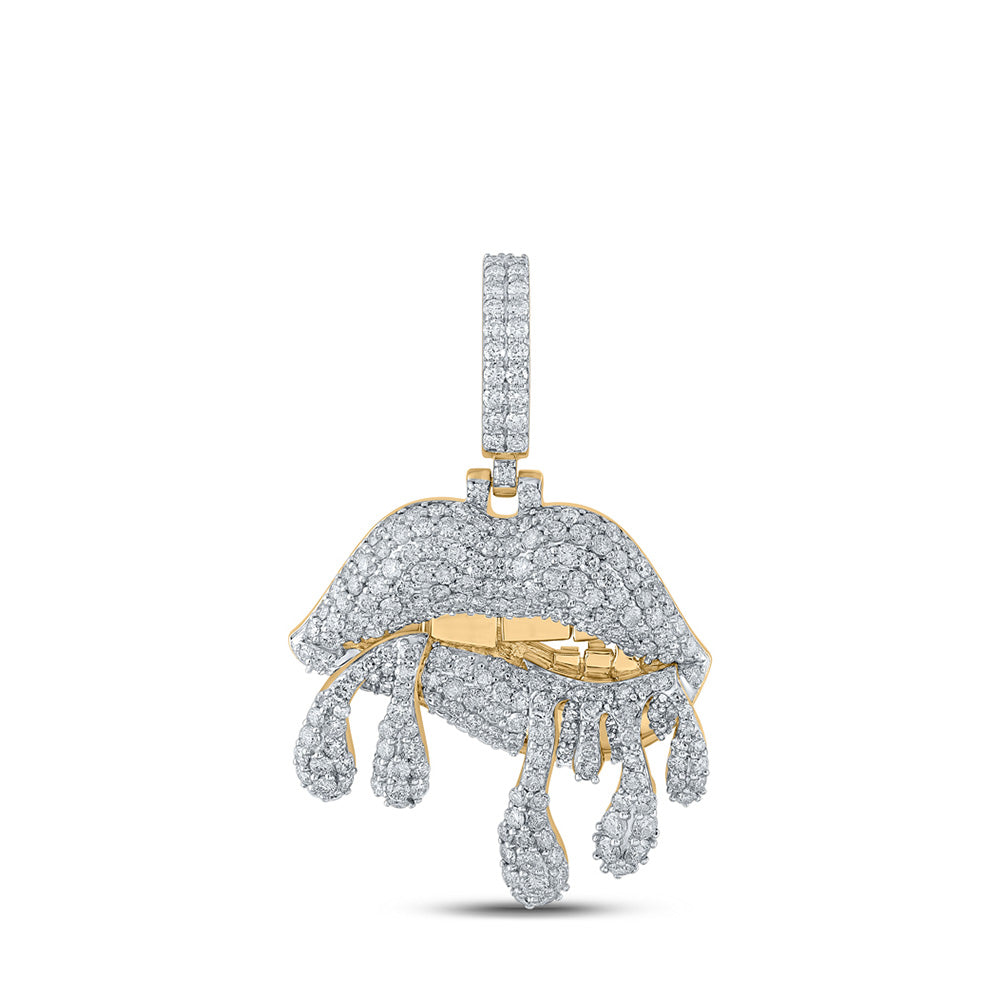 10K Yellow Gold Mens Round Diamond Dripping Lips Charm Pendant 3-1/5 Cttw, Length: 1.75 In, Width: 1.2 In