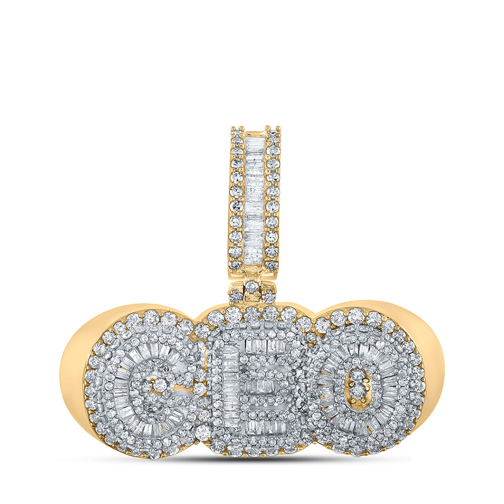 10K Yellow Or Rose Gold Mens Baguette Diamond CEO Phrase Charm Pendant