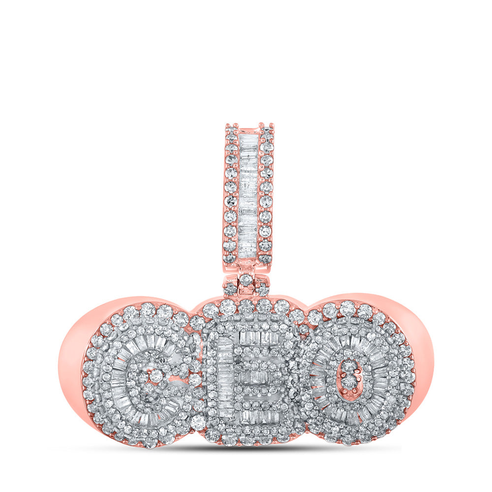 10K Yellow Or Rose Gold Mens Baguette Diamond CEO Phrase Charm Pendant