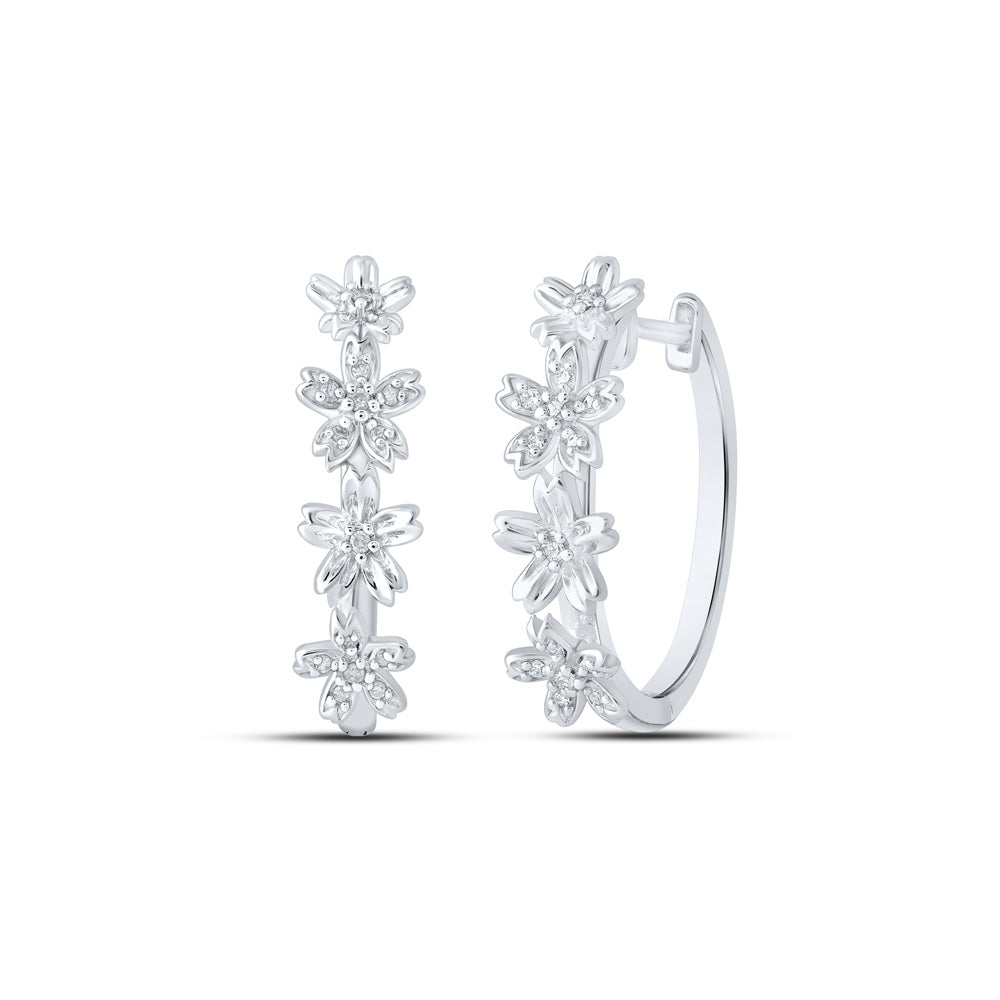 10K White Gold Womens Round Diamond Flower Hoop Earrings 1/8 Cttw